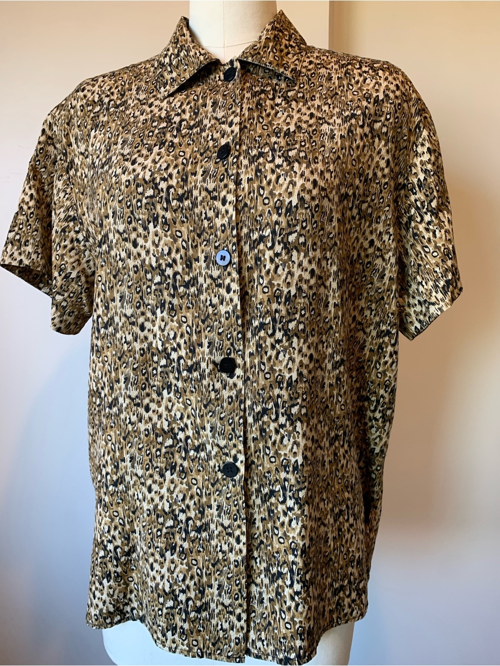 Anne Pinkerton Silk Leopard Print Short Sleeve Button Front Blouse - Tan, Black